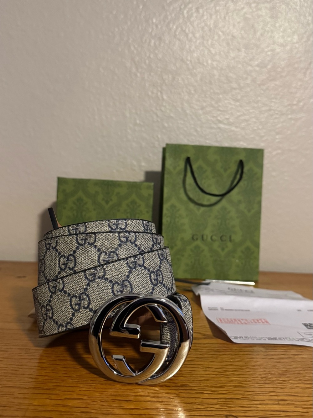 Gucci Beige and Blue GG Canvas Men's Belt with Silver Double G Buckle